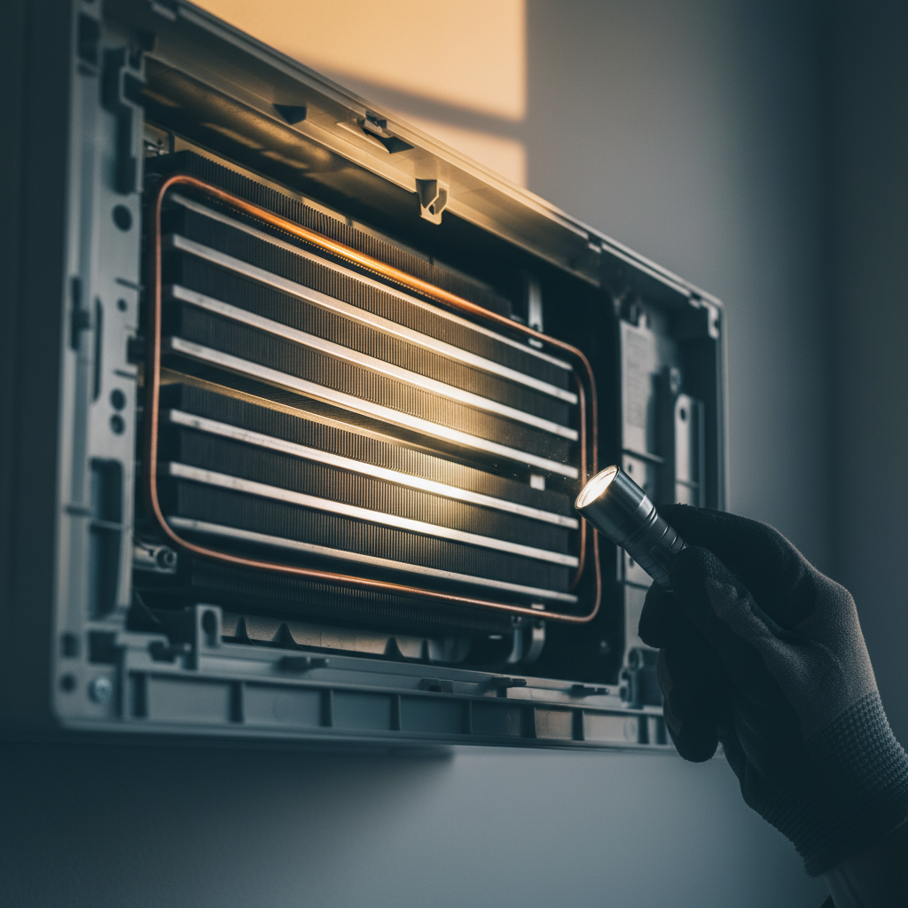 Close-up of clean air conditioning evaporator coils being inspected with a small flashlight during a service