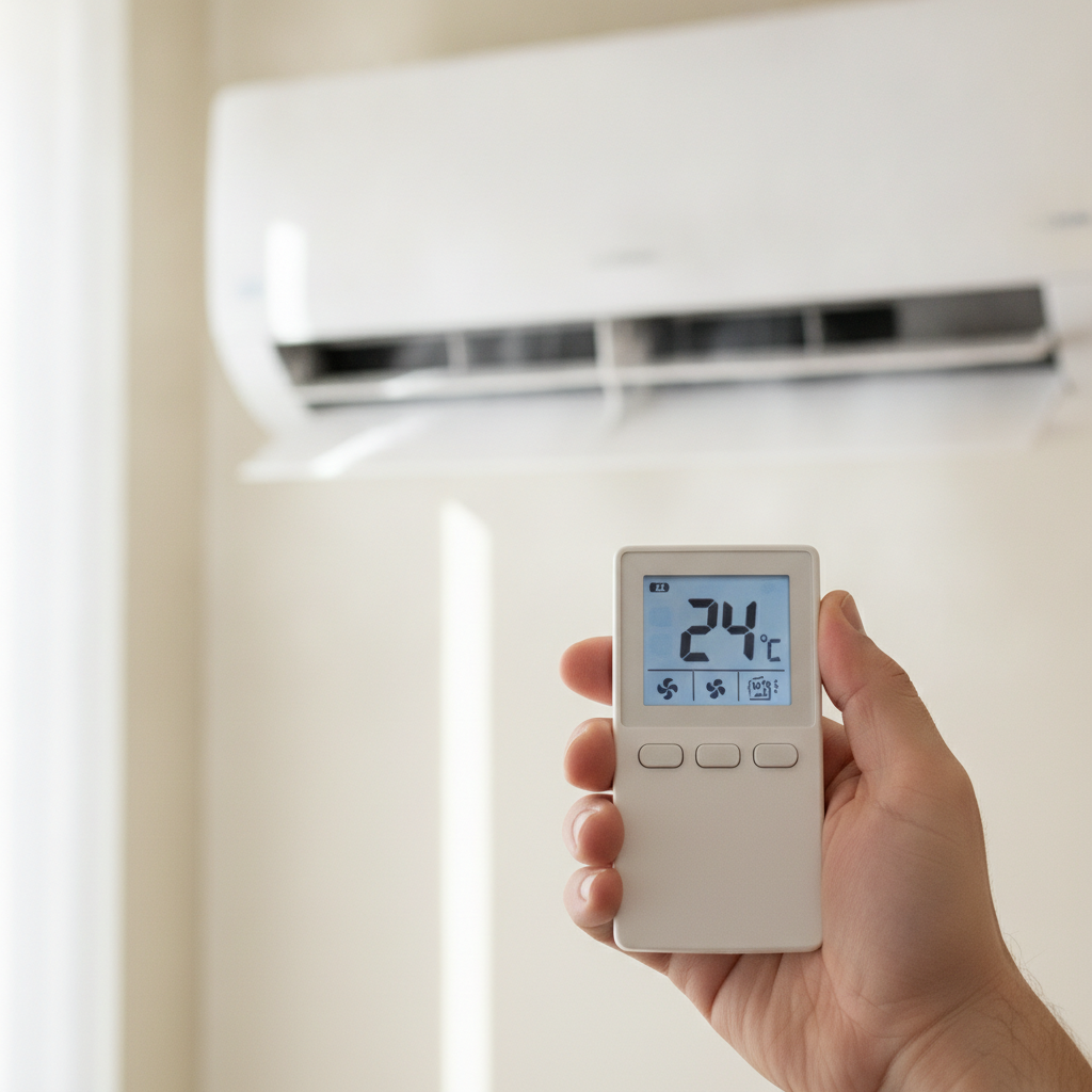 Digital wall thermostat showing 24 degrees beside a modern split system indoor unit in a bright Australian living room