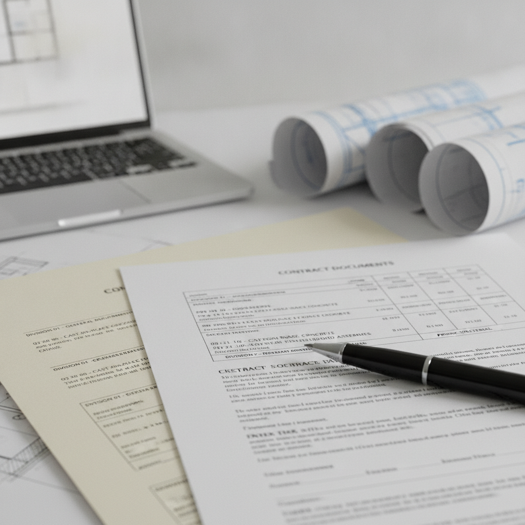 Homeowner and builder reviewing a printed building contract and plans on a kitchen bench with a tape measure and pen