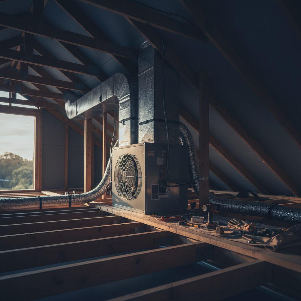 Roof cavity view of a neatly installed ducted air conditioning fan coil unit and insulated ducting
