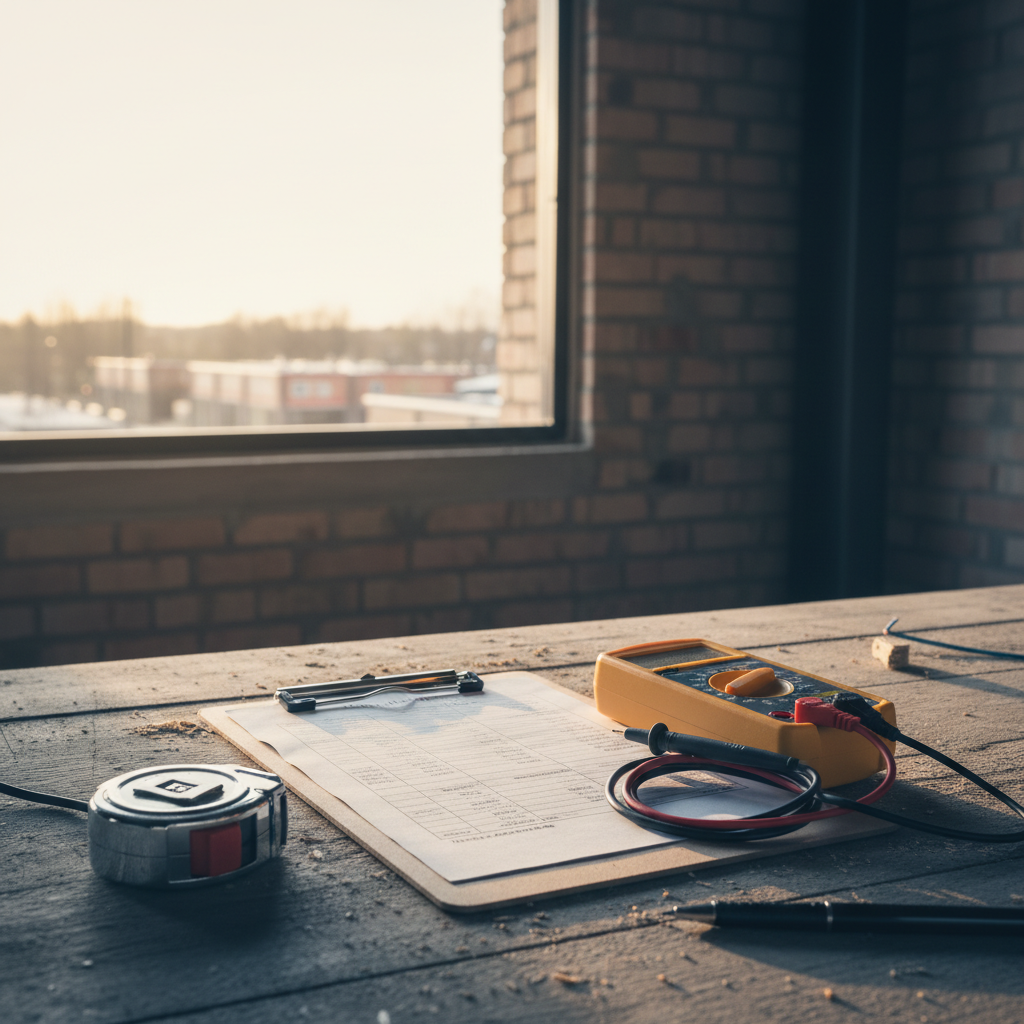 Detail of a printed itemised electrical quote on a clipboard with a multimeter and tape measure beside it
