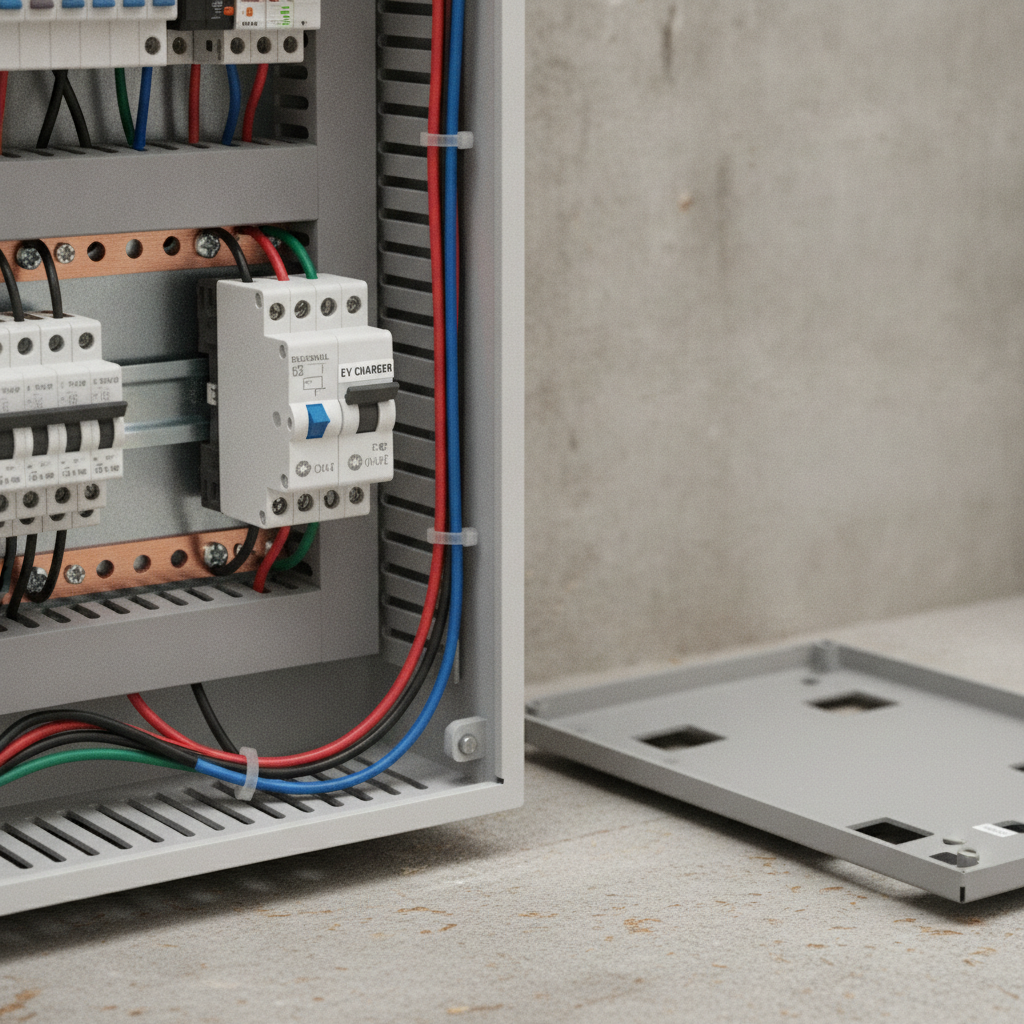 Electrician mounting a compact wall-mounted EV charger inside a residential garage, with new conduit running to the switchboard
