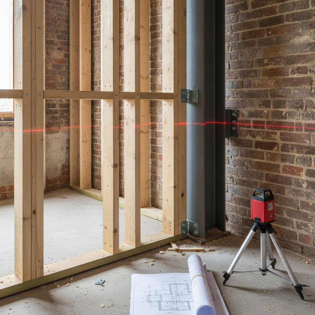 Timber frame of a rear home extension under construction against an existing brick house, with fresh slab and new window openings