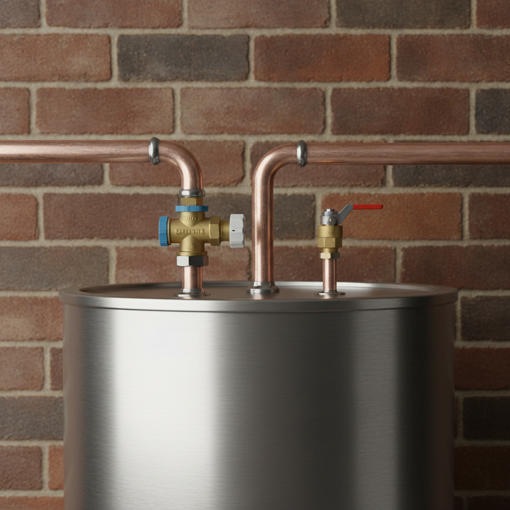 Plumber connecting the copper inlet and outlet pipes on a newly installed heat pump hot water unit beside a brick wall