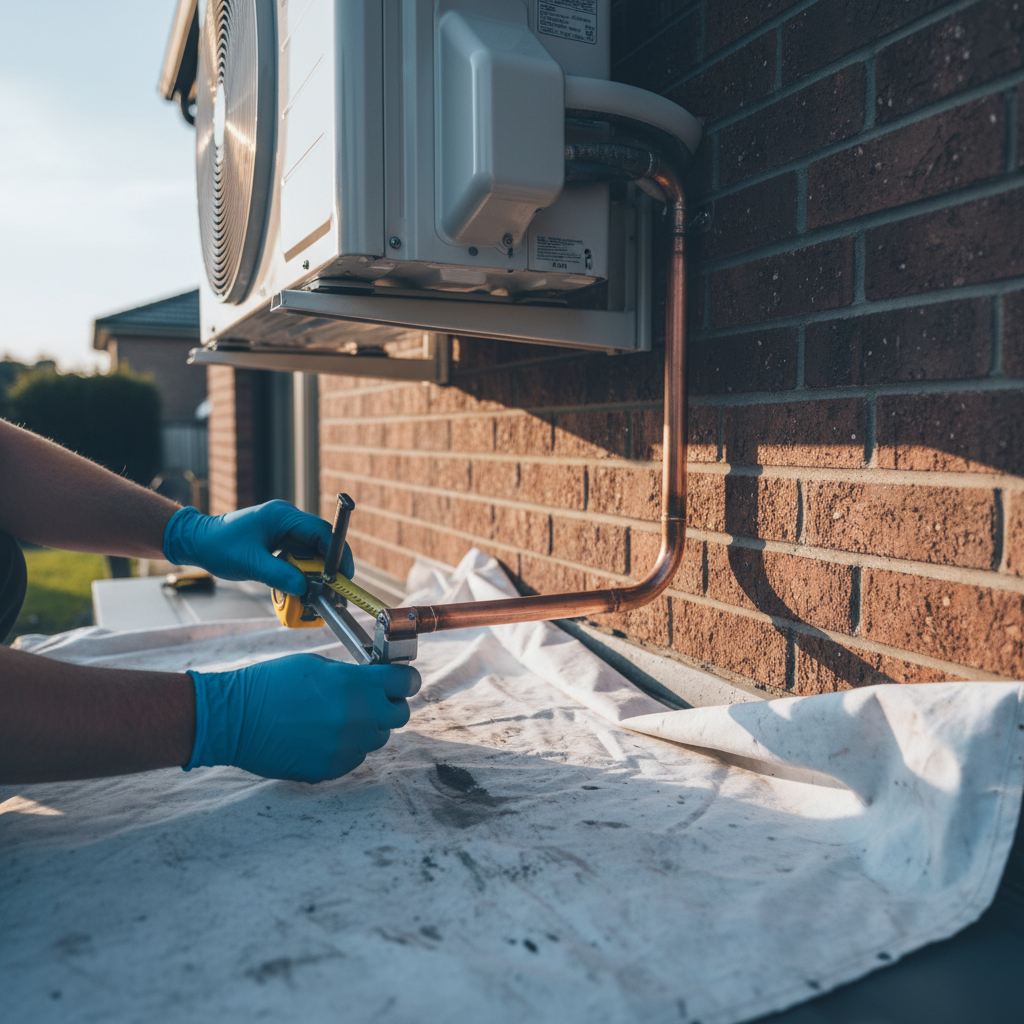A tradesperson measuring copper refrigerant pipe at the rear of a wall-mounted split system air conditioner