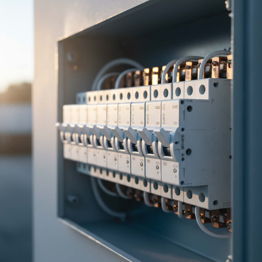 Close-up of clean RCBO safety switches in a row inside an open switchboard enclosure with neat copper busbar wiring